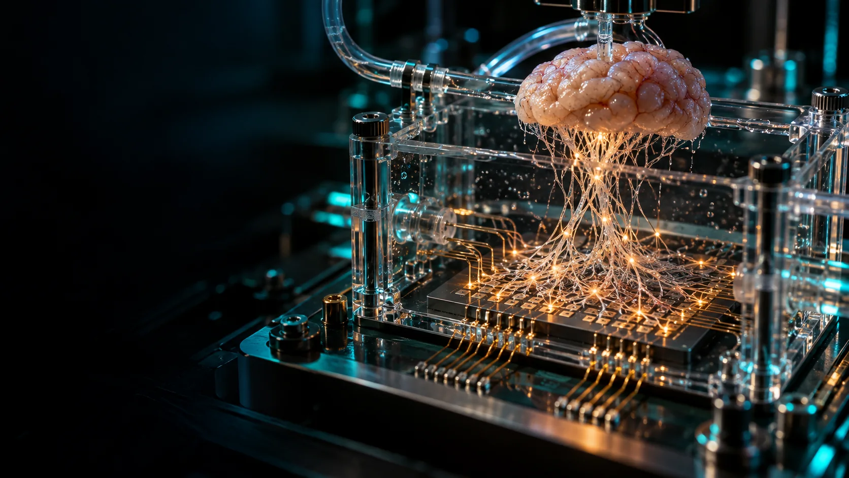Conceptual artwork of cultured neurons connected to a silicon electrode array